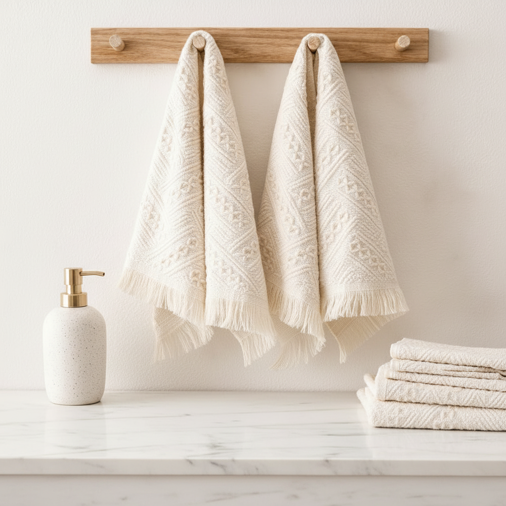 Two cream colored cotton Turkish kitchen towels hanging on a wood rack above folded towels on a white counter.
