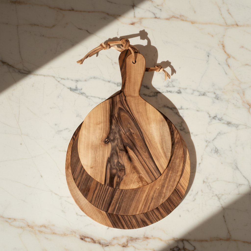 Round Walnut Cutting Boards - 3 Stacked on a Light background with shadows