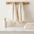Two cream colored cotton Turkish kitchen towels hanging on a wood rack above folded towels on a white counter.