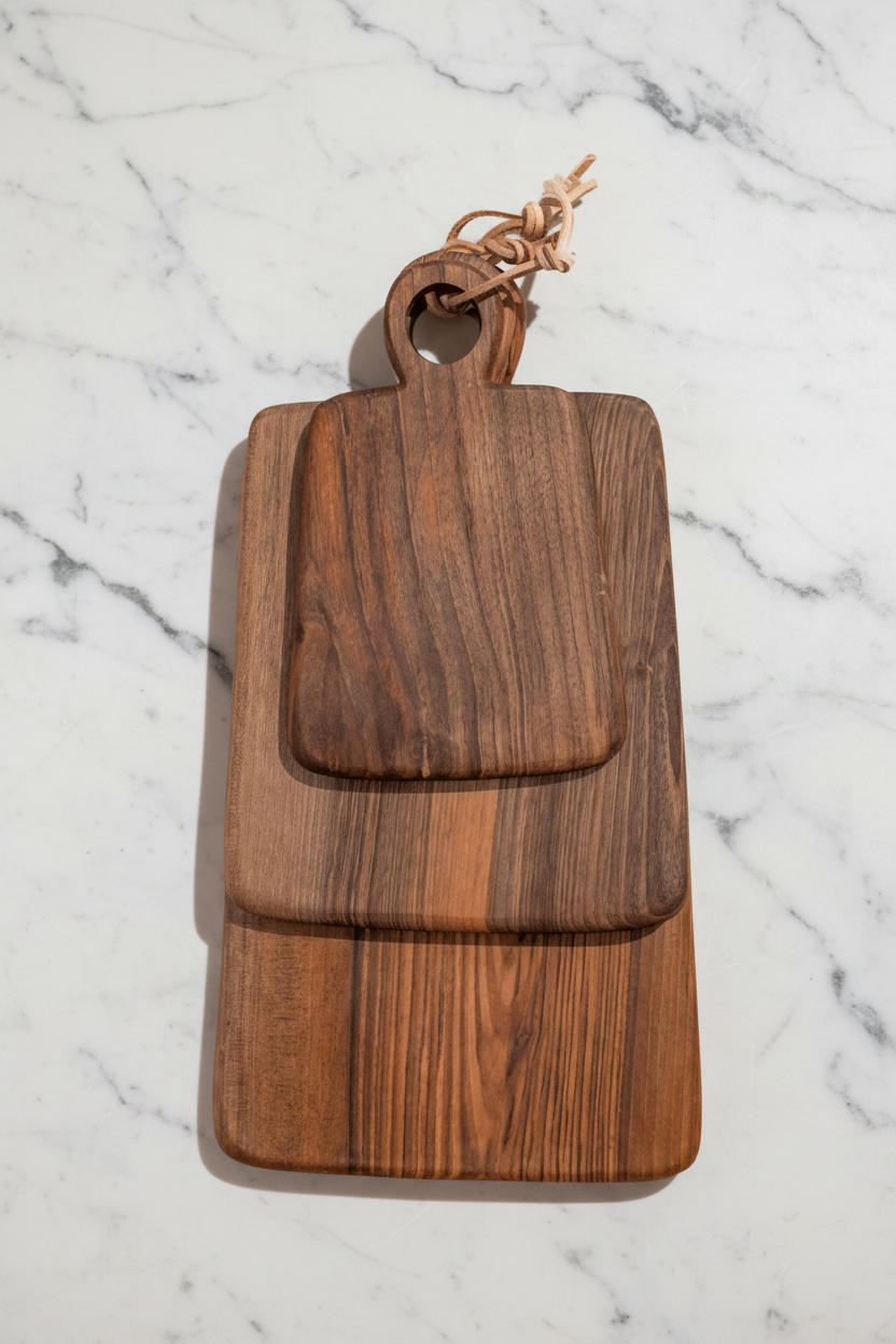 Set of 3 assorted walnut Une Vie Nomade rectangular cutting boards.