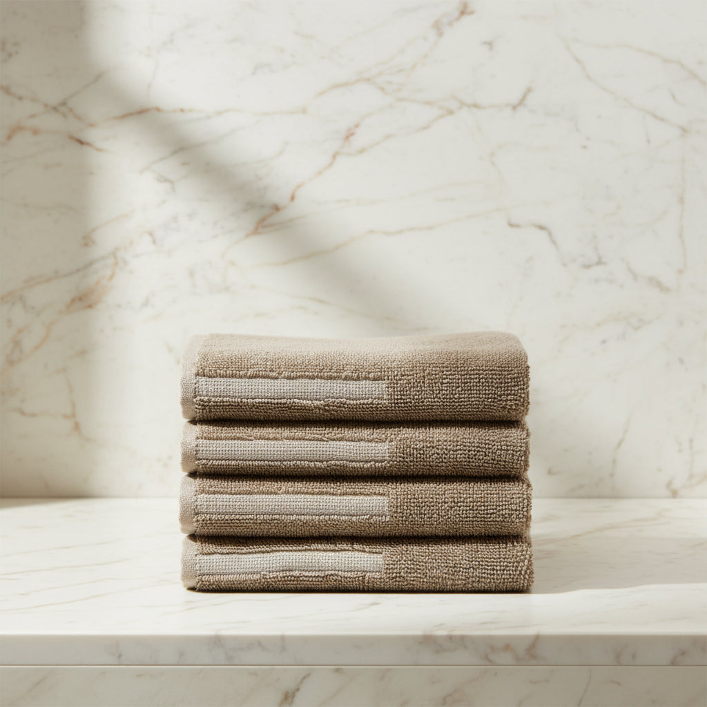 Stack of folded brown towels on a light beige background