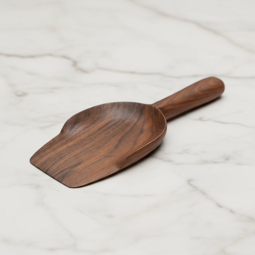 One Une Vie Nomade walnut scoop/spatula on a marble surface.