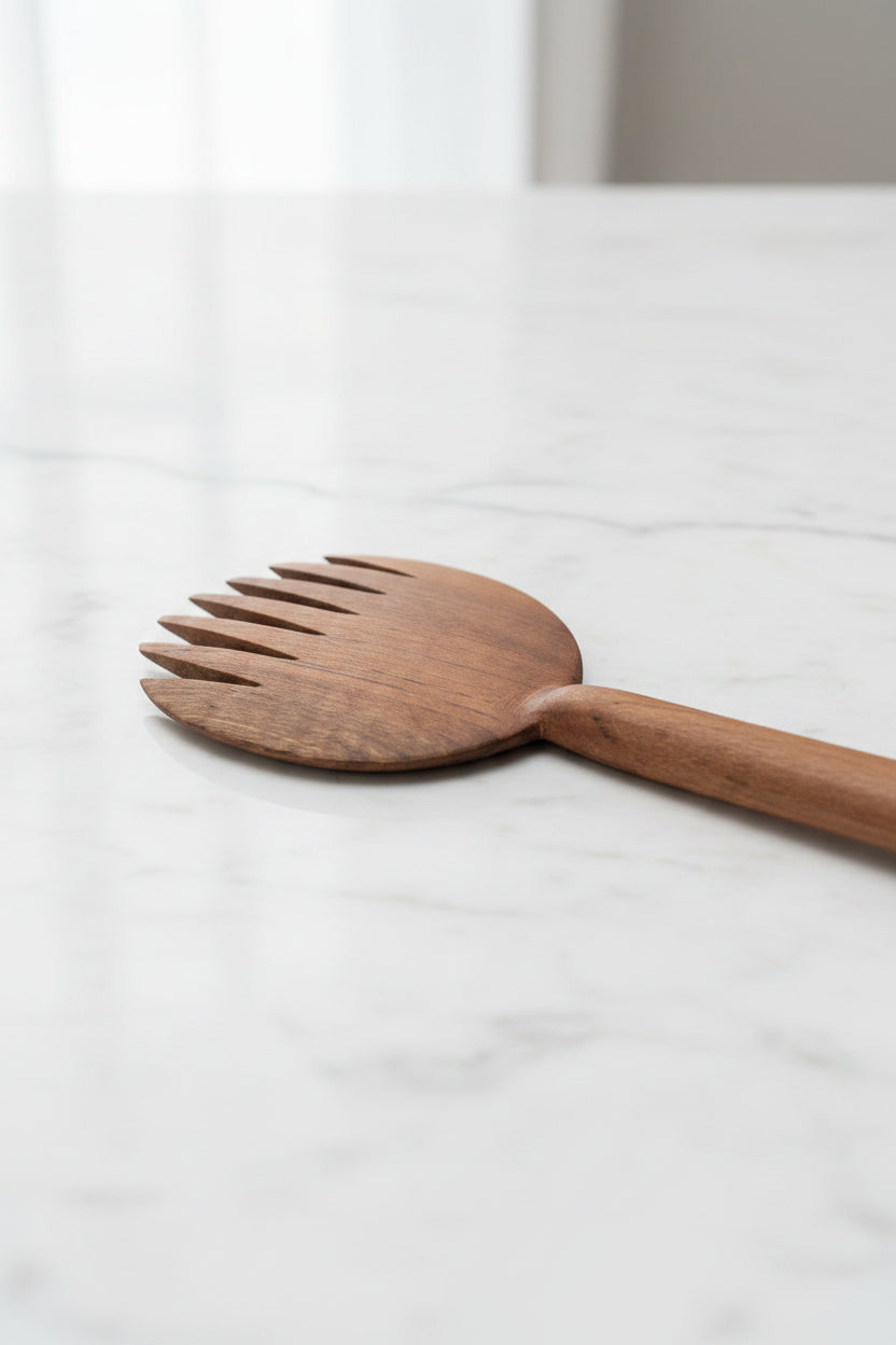 One Une Vie Nomade walnut salad serving fork on a white surface.