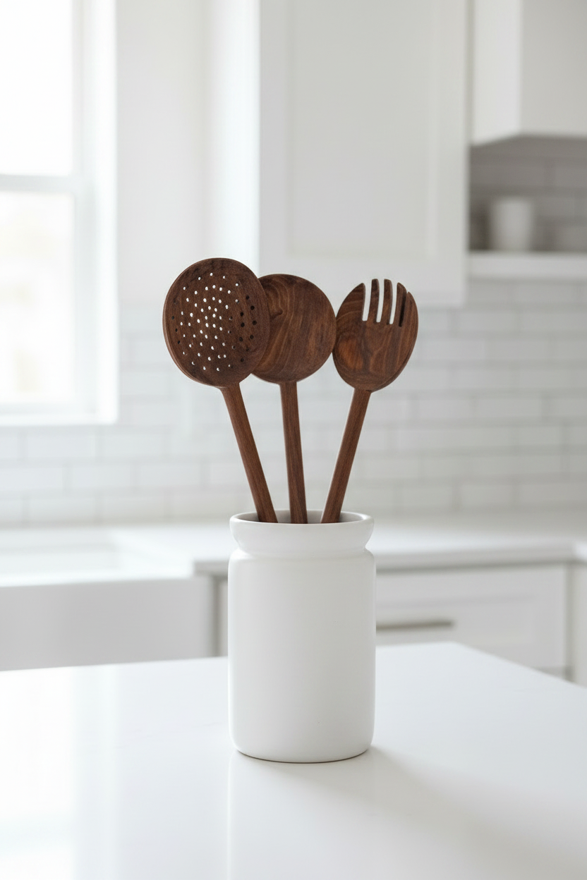 Set of three Une Vie Nomade long walnut wooden spoons in a white canister in a white kitchen.