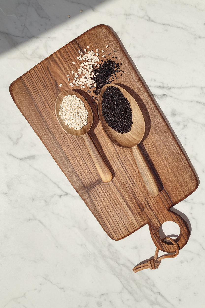 Two Une Vie Nomade walnut wood scoops on a rectangular Une Vie Nomade walnut cutting board, sitting on a white marble surface.