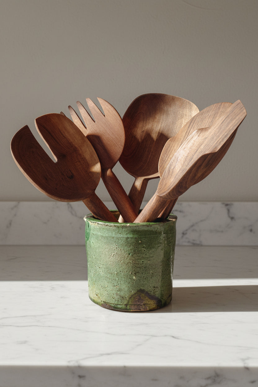 Set of five assorted Une Vie Nomade walnut spoons placed inside a green ceramic canister on top on a white marble counter.