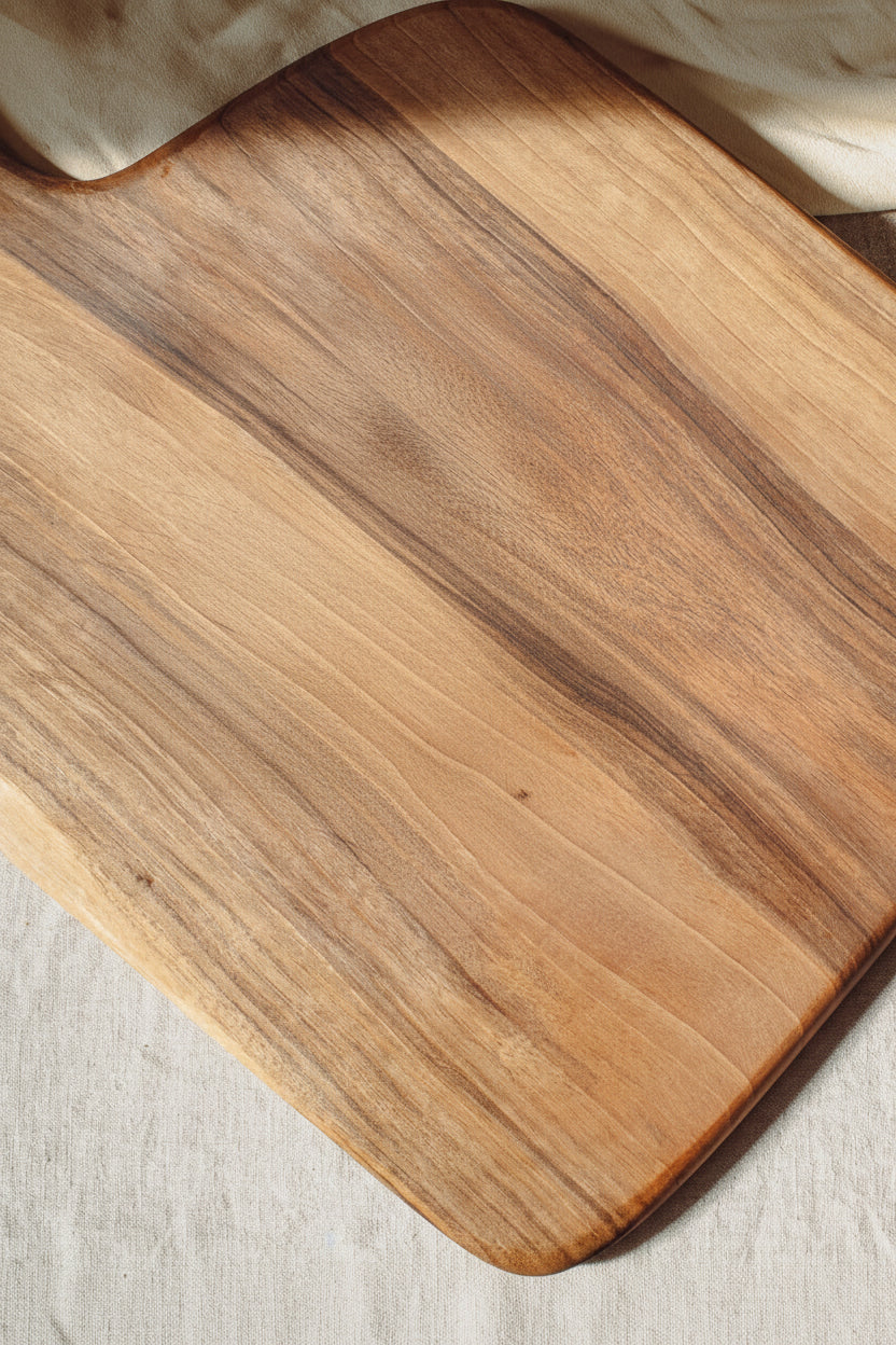 Large rectangular paddle-shaped Une Vie Nomade walnut cutting board on a light-colored surface.