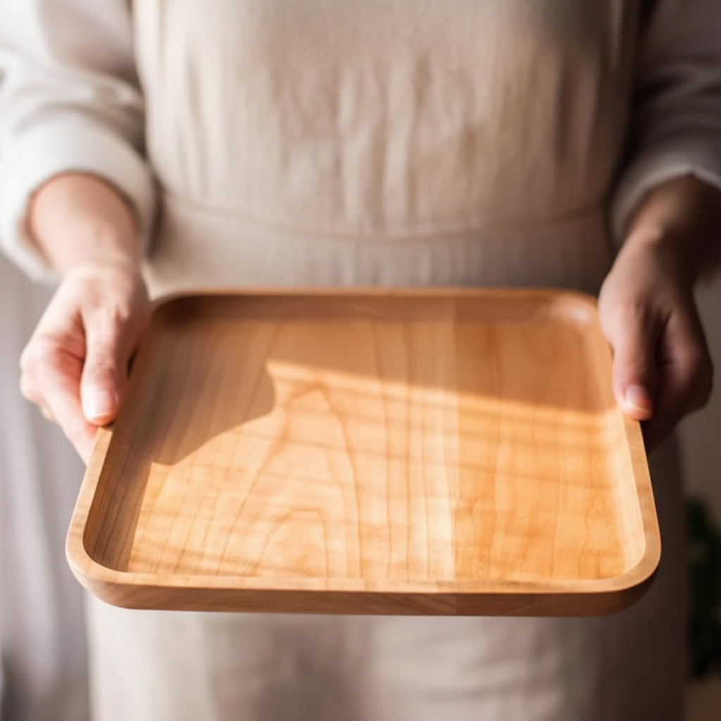 Person holding a wooden tray.