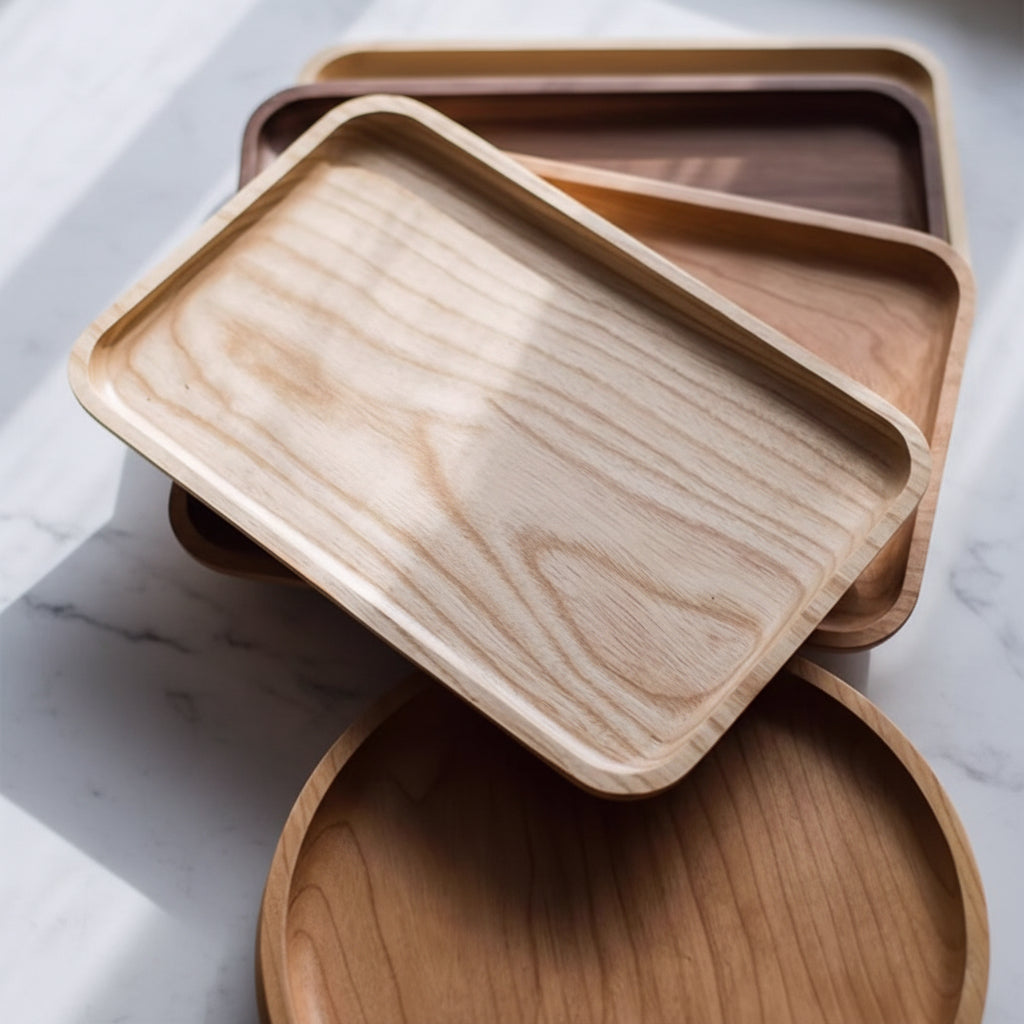 Set of wooden trays on a white surface.