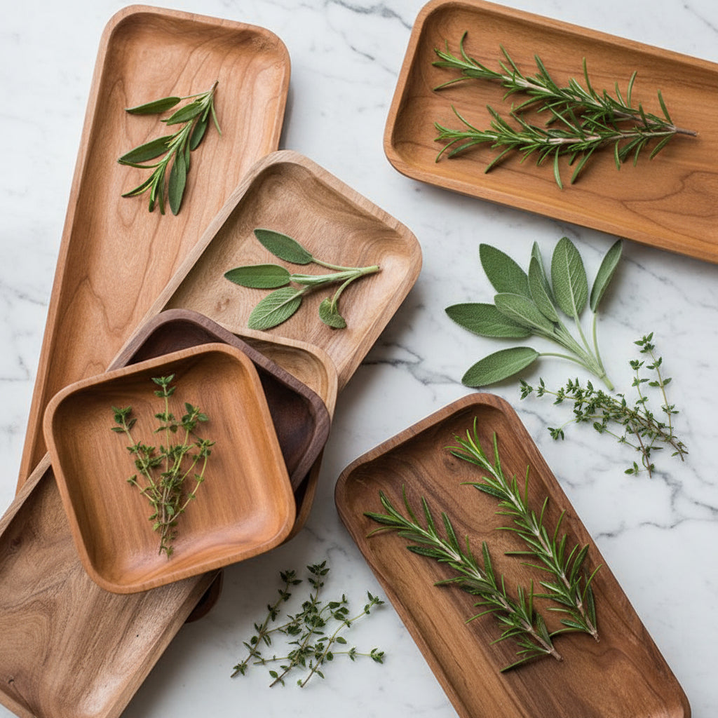 Wooden trays with herbs on a marble countertop.