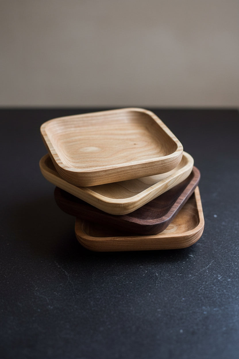 Stack of wooden trays on a black countertop.