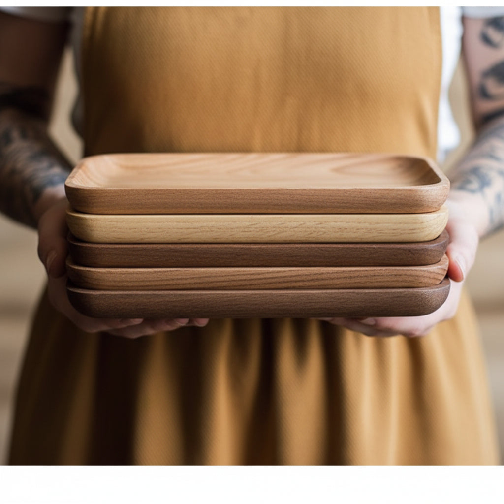 Stack of wooden trays held by a person with tattooed arms.