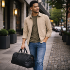 Man carrying the James Leather Duffle Bag in Black on a city sidewalk