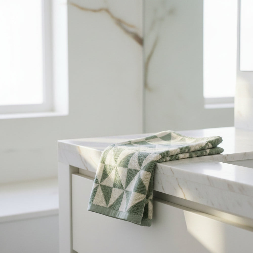 green and white geometric patterned towel on a bathroom vanity.