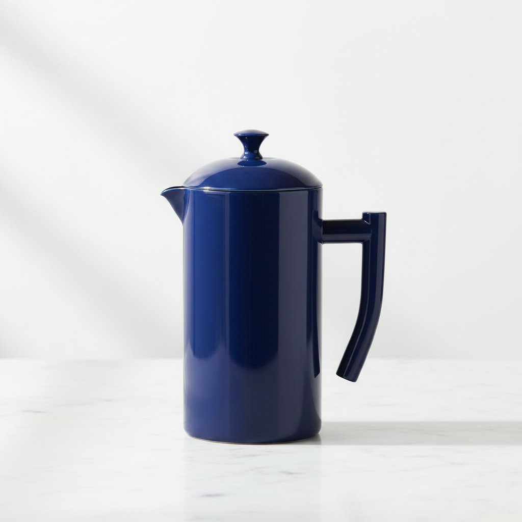 A glossy d blue Kuchenprofi French press coffee maker with a matching lid, shown on a light marble surface against a white background.