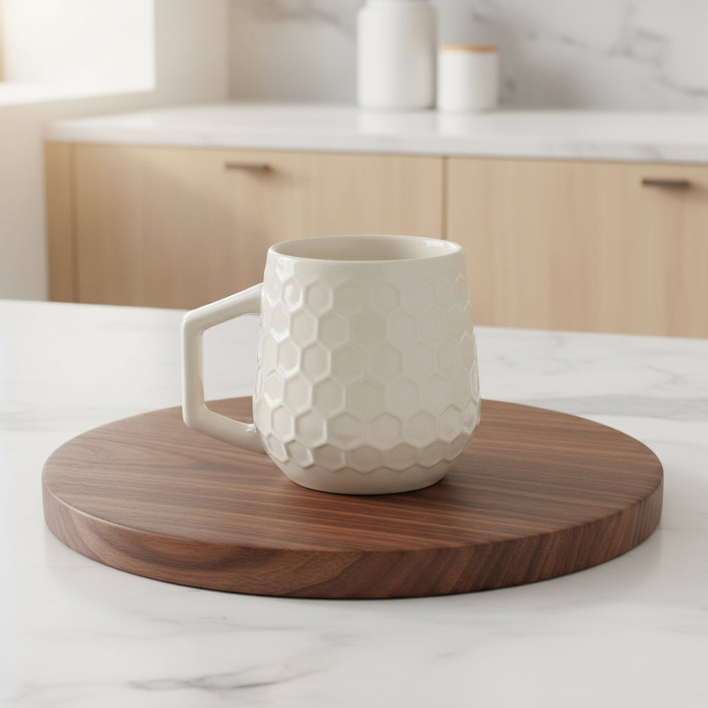 Cream colored honeycomb style coffee mug on a wood tray in a white kitchen.