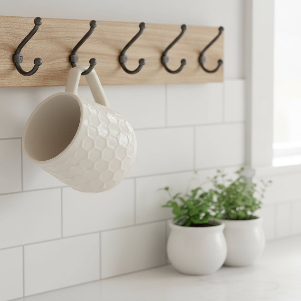 Cream colored honeycomb style coffee mug hanging on a kitchen wall rack in a white kitchen.