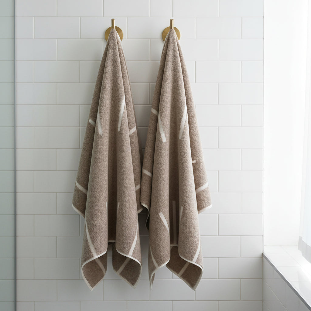 Two tan and white bath towels on hooks against a white tile wall.