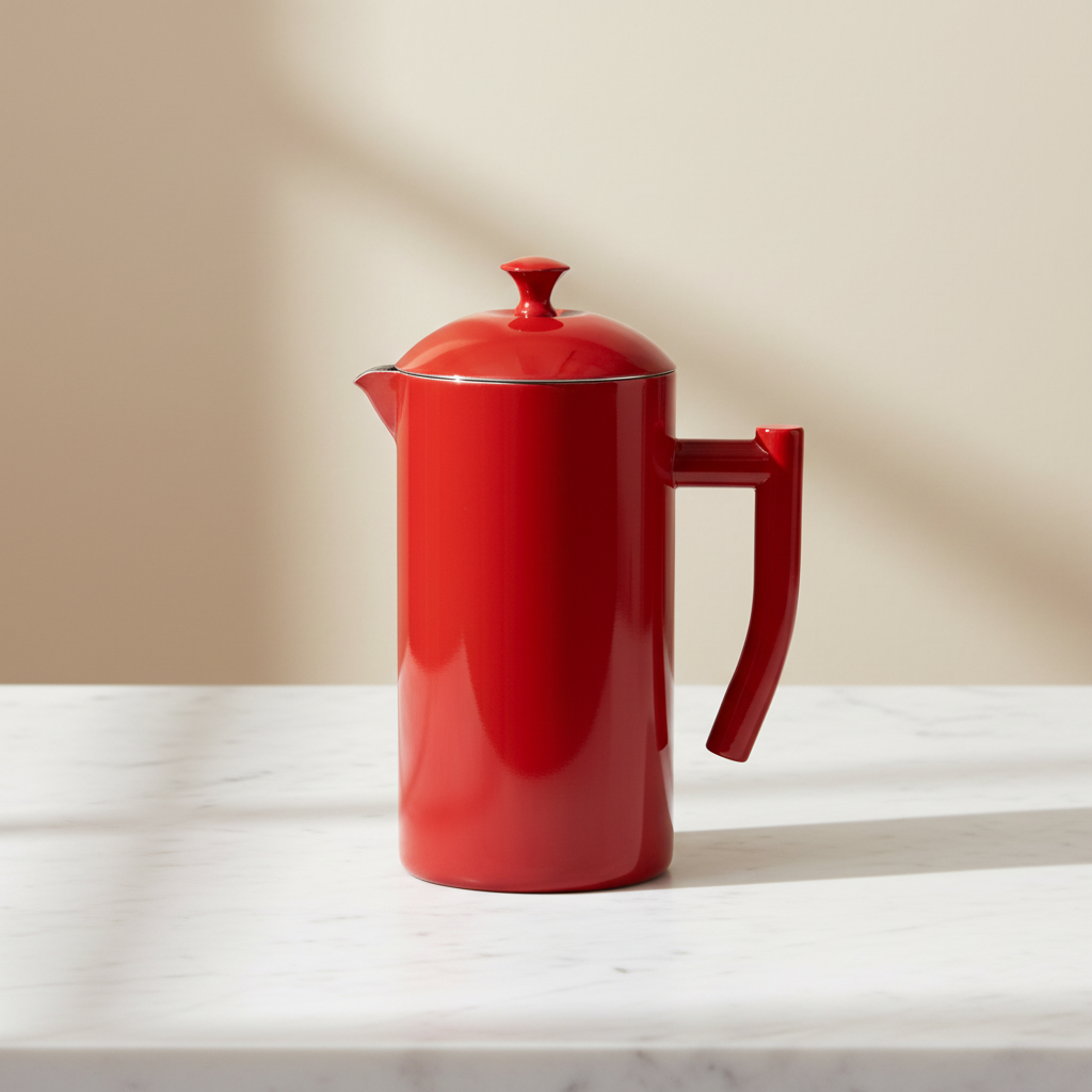A red Kuchenprofi French press coffee maker with a matching lid and handle, sitting on a white marble countertop against a warm beige background.