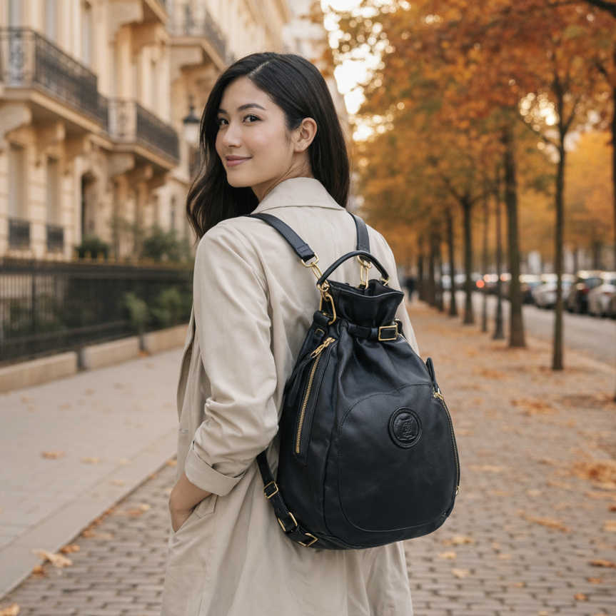 A woman wearing a beige trench coat shown from behind, wearing a Remington Black Italian leather backpack with gold hardware on a city sidewalk.