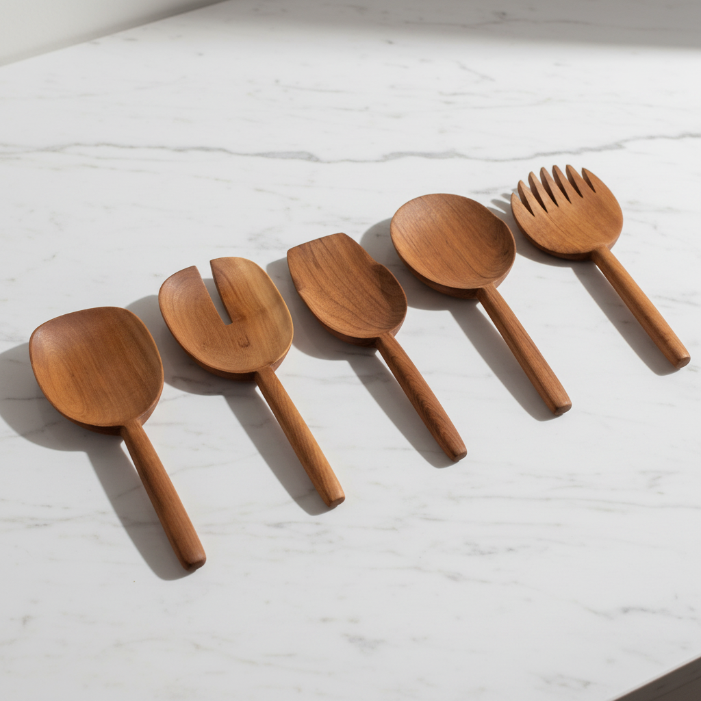 Set of 5 assorted Une Vie Nomade serving walnut spoons one a white background.