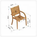 Technical drawing of a teak wood chair with dimensions labeled on a white background.