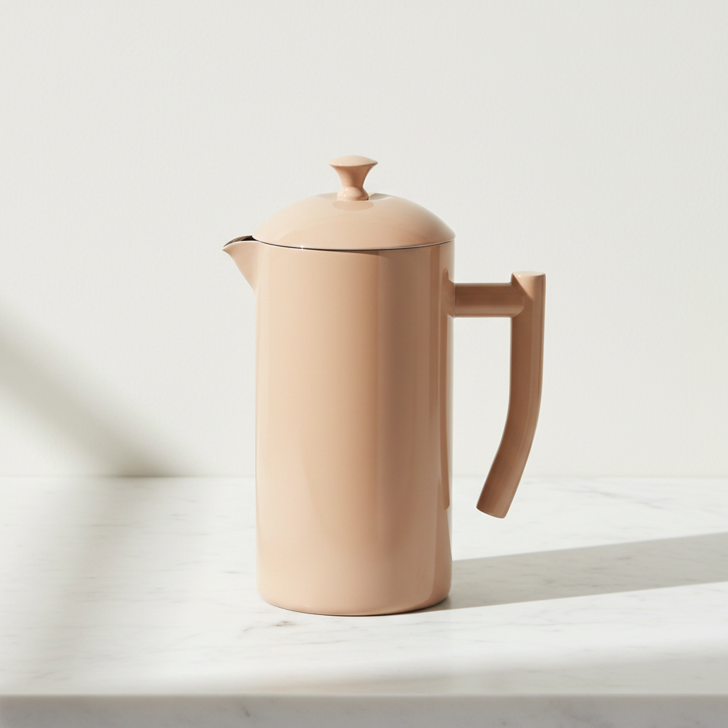 A terracotta-sandstone color Kutchenprofi French press coffee maker with a matching handle and lid knob, sitting on a white marble surface against a white background.