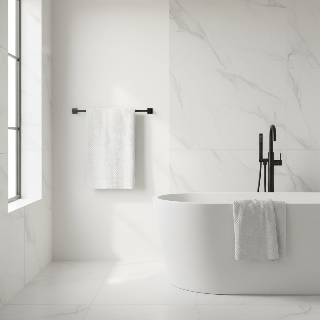 A white waffle weave bath towel hanging on a towel bar with a matching towel draped on a white bathtub.