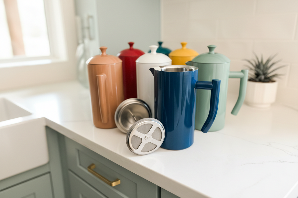 Six Kutchenprofi French press coffee makers in various colors (navy blue, sage green, red, white, yellow, and terracotta-sandstone) arranged on a white kitchen countertop with a farmhouse sink in the background.