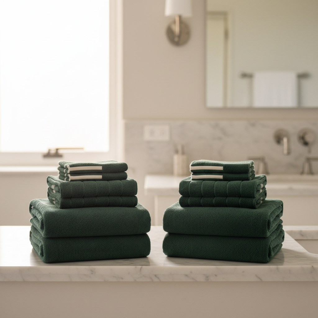 dark green folded towels stacked on a white bathroom vanity.