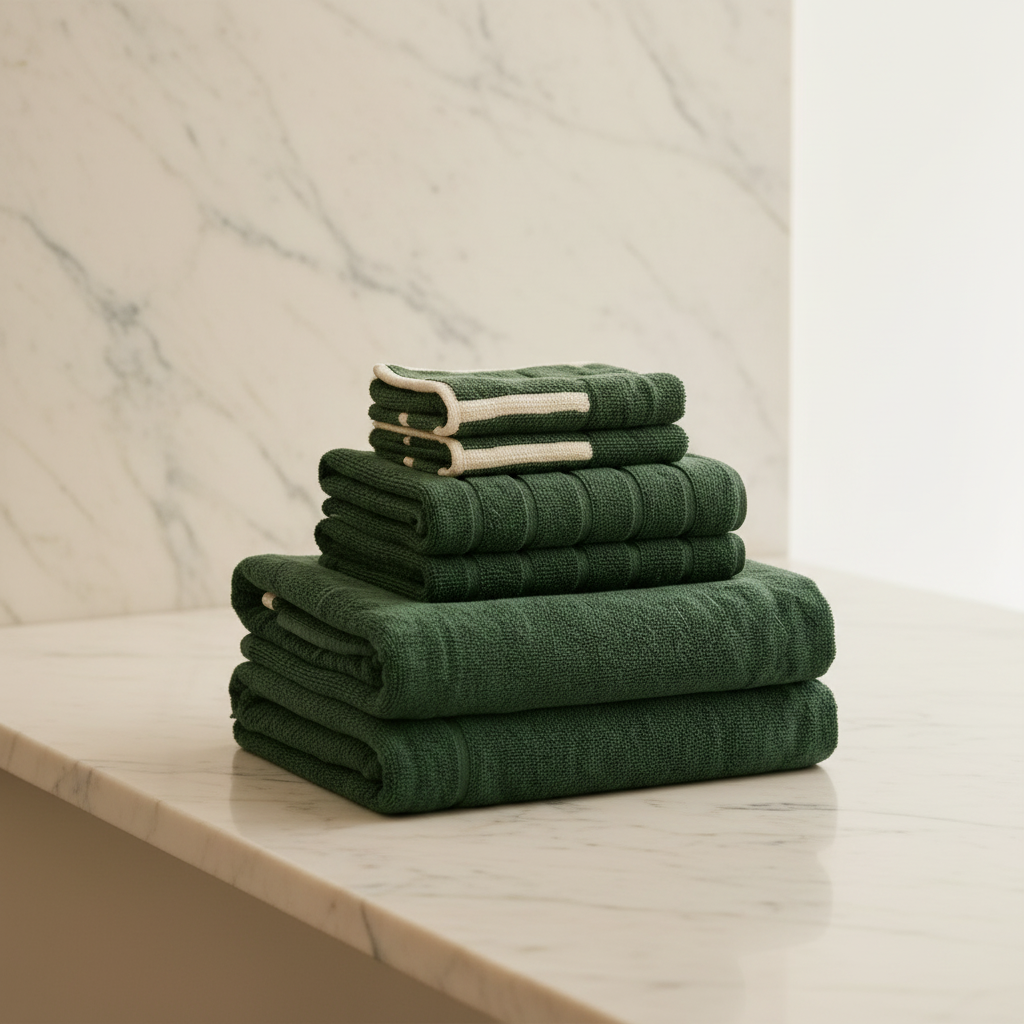 dark green wash cloths with cream stripe accents and Matching folded green towels on a marble surface.