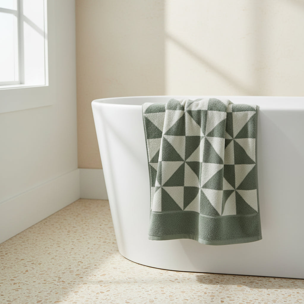 sage green and white geometric patterned towel on a white bathtub.
