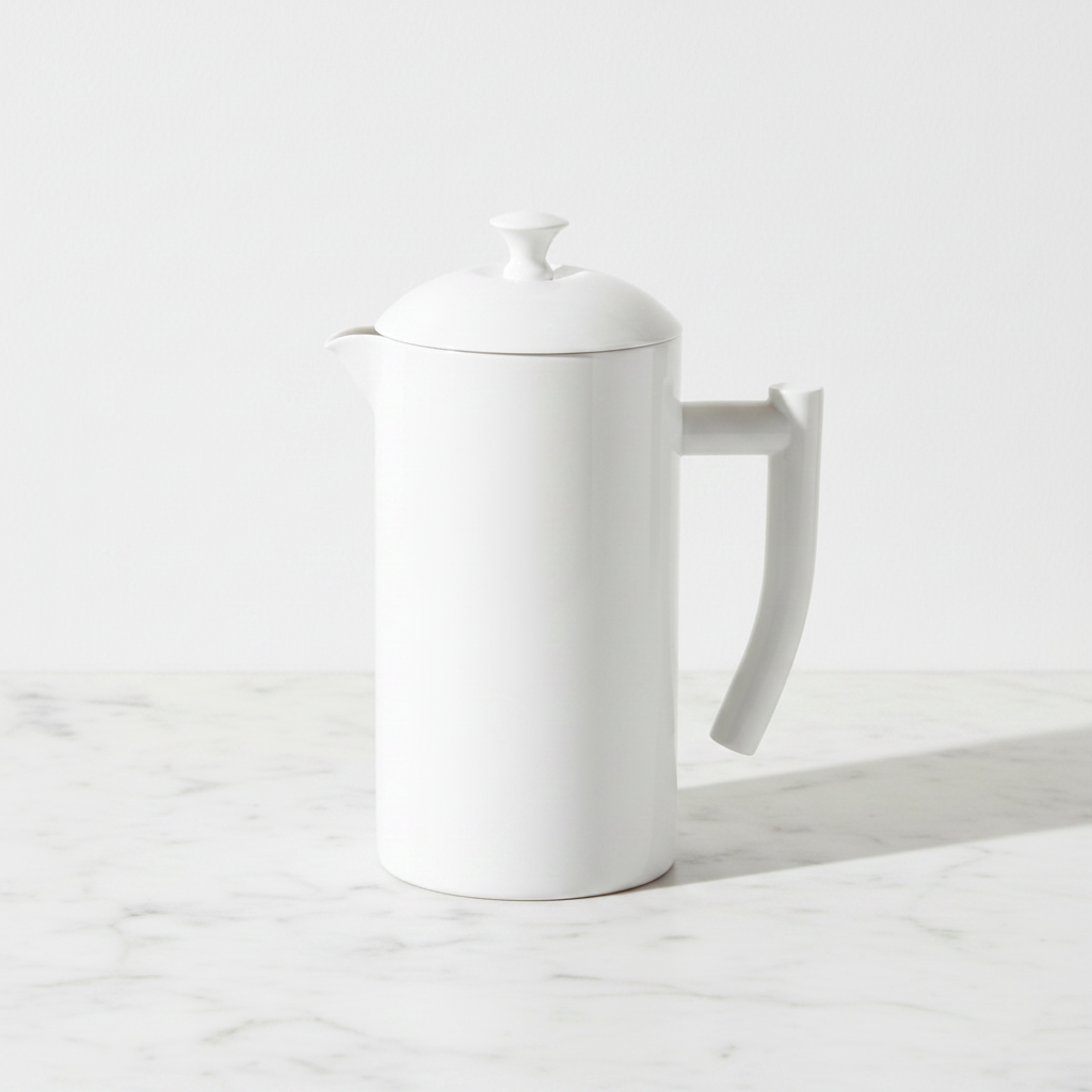 A Kuchenprofi white ceramic French press coffee maker with a lid, spout, and curved handle, set on a light marble surface against a clean white background.