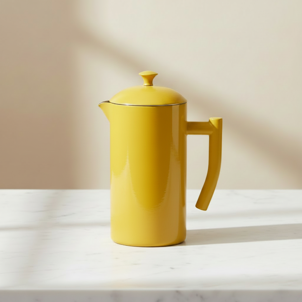 A yellow Kuchenprofi French Press on a light background.