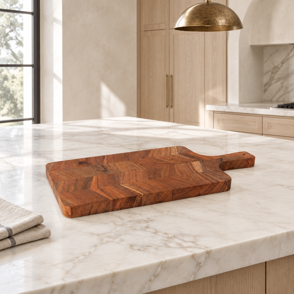 Acacia paddle in soaring limewash and pale oak kitchen