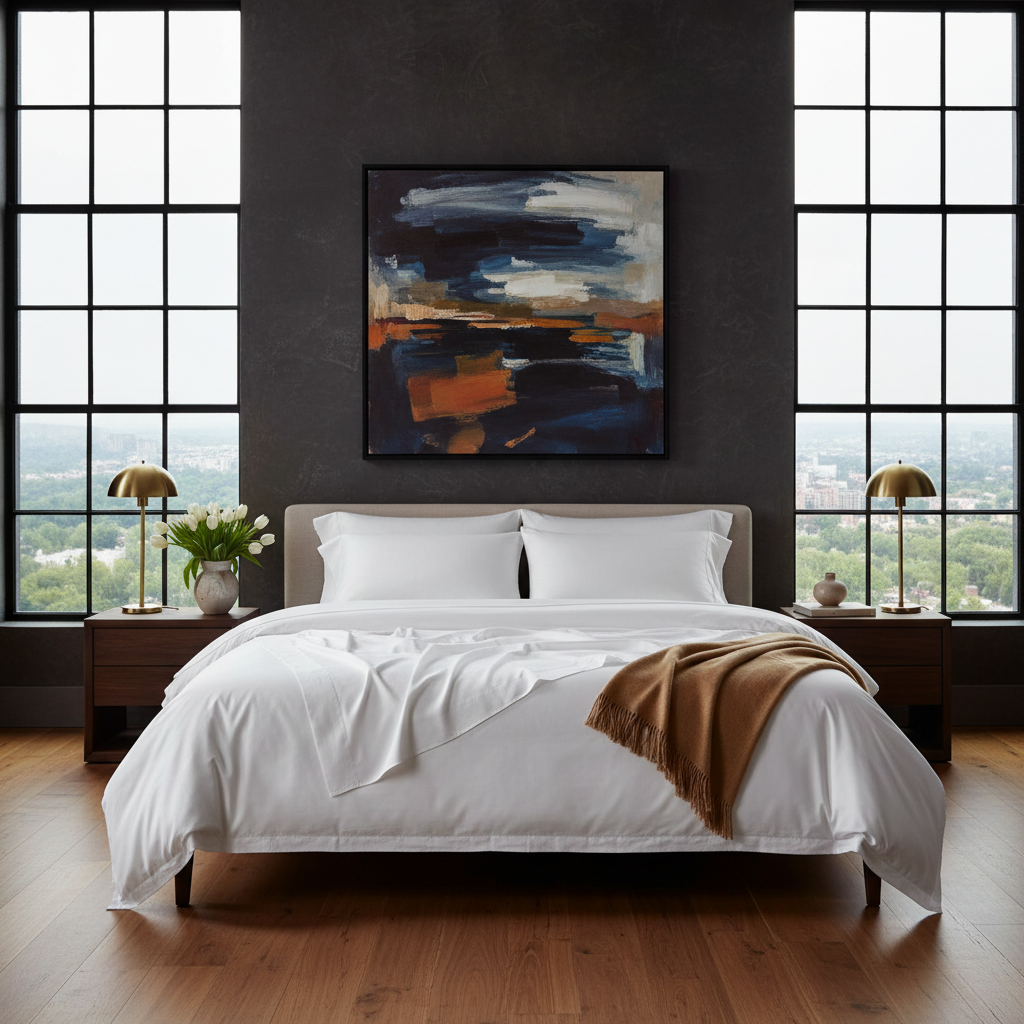 White bedding on a bed that is between two large windows.