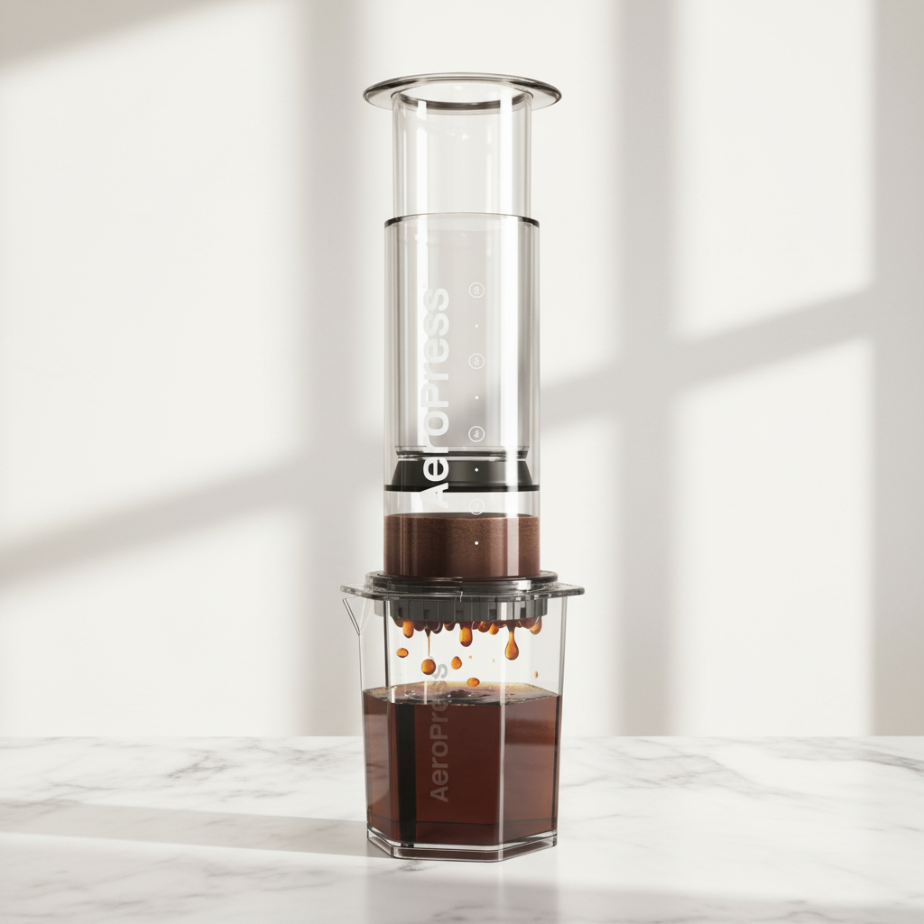 AeroPress Clear XL coffee and espresso maker on a light background.