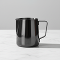 Barista Basics Milk Frothing Pitcher 12oz Black on a light background.