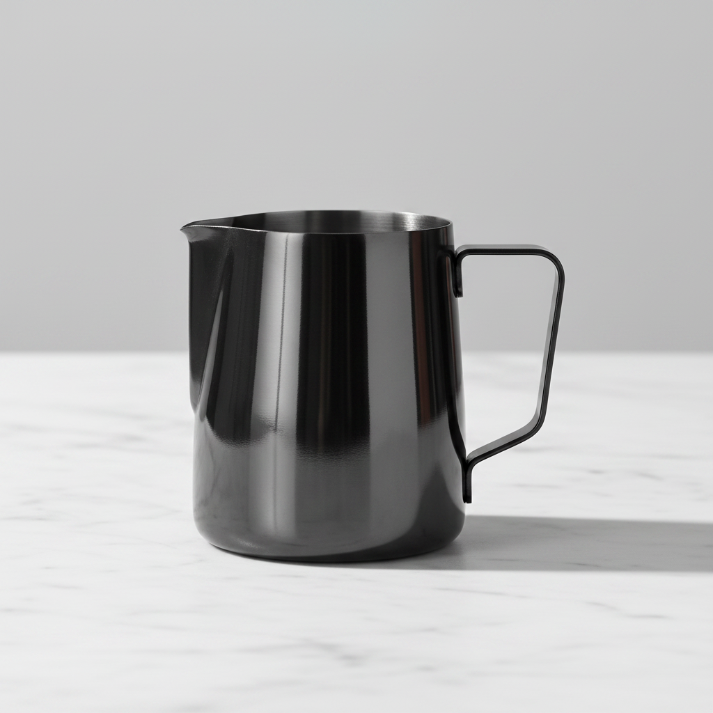 Barista Basics Milk Frothing Pitcher 12oz Black on a light background.