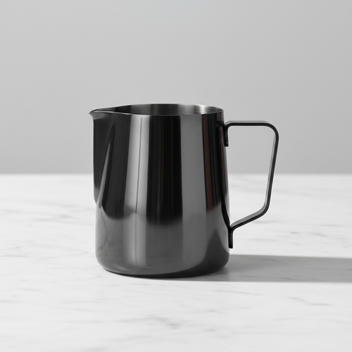 Barista Basics Milk Frothing Pitcher 12oz Black on a light background.