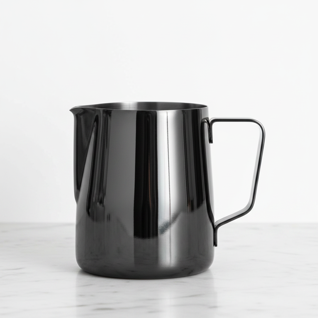 Barista Basics 20 oz. Milk Frothing Pitcher Black on a light surface.