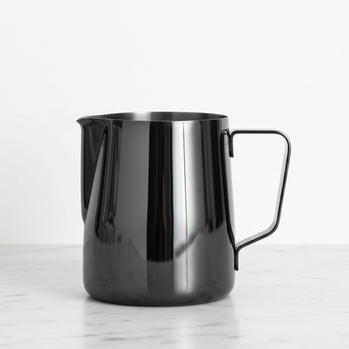 Barista Basics 20 oz. Milk Frothing Pitcher Black on a light surface.
