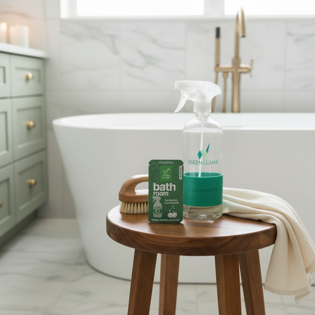 Bathroom Refill — Walnut Stool, Creamy Towel, Warm Lighting