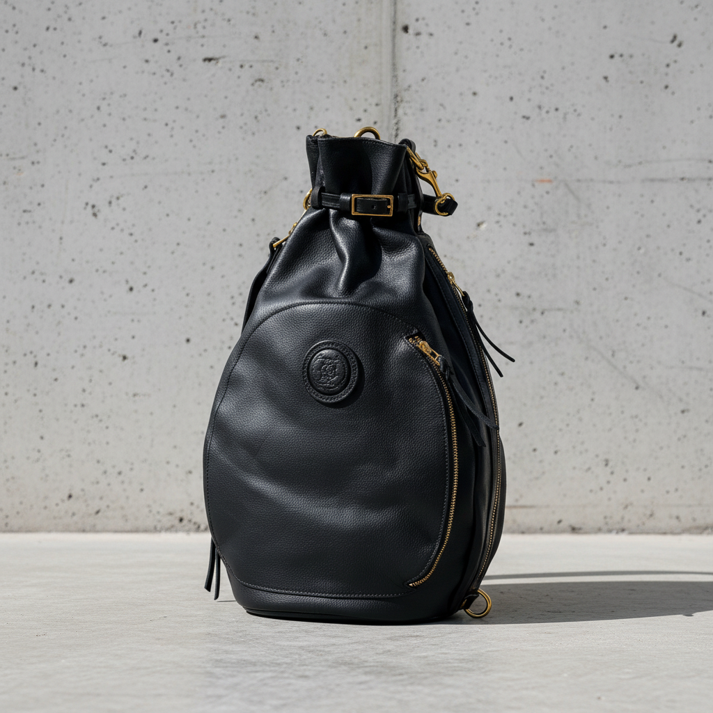 Remington Italian Leather Backpack in Black, front view, concrete background