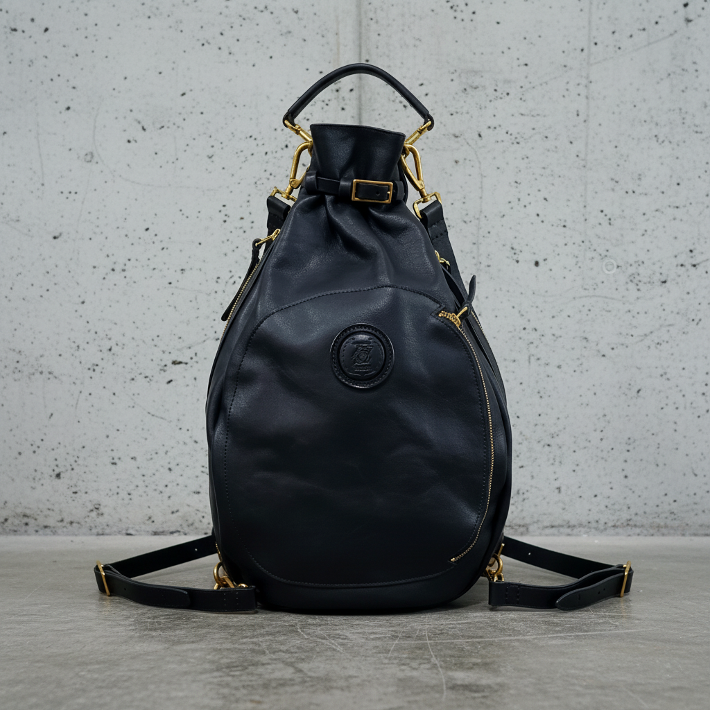 Remington Black Italian Leather backpack on a concrete surface.