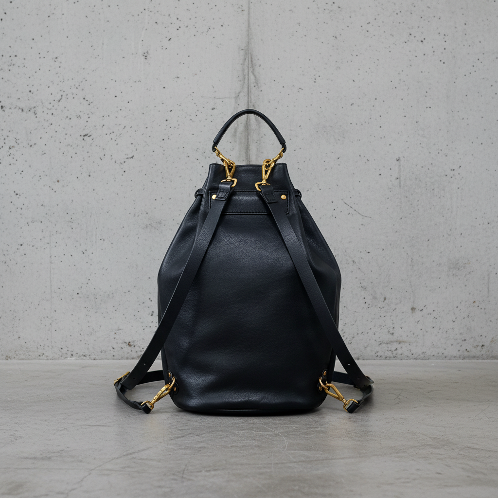Remington Italian Leather Backpack in Black, back view with straps, concrete background