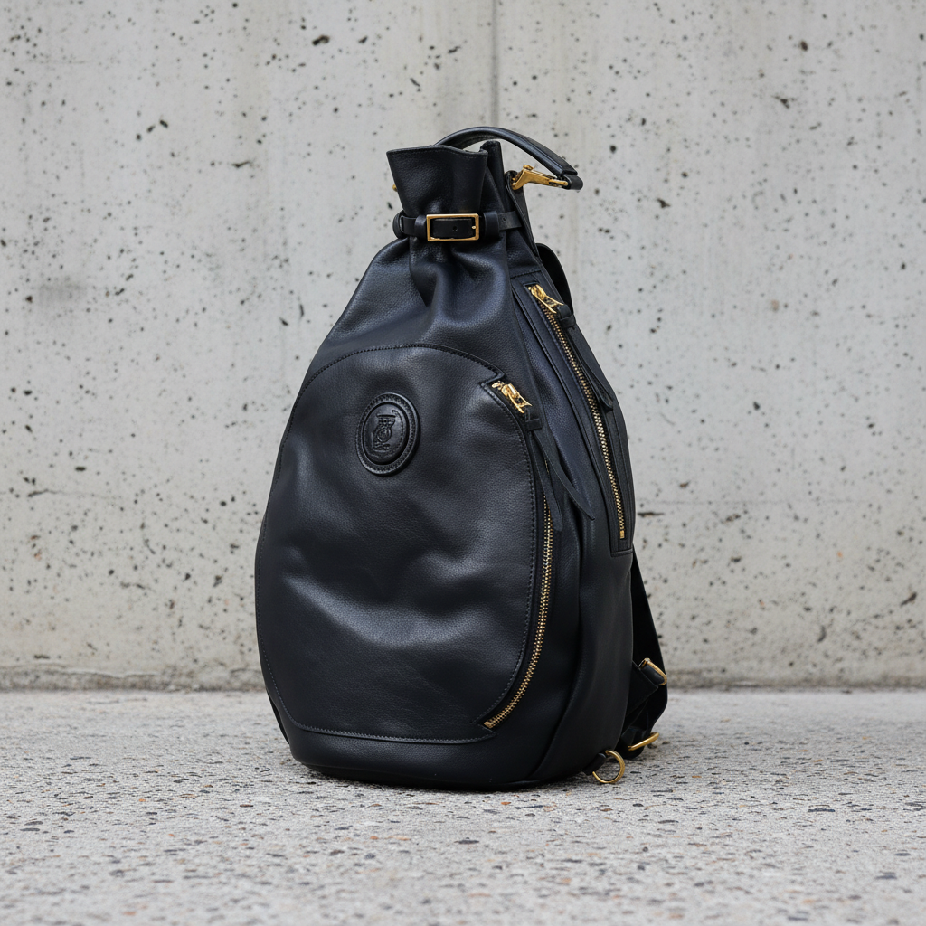 Remington Italian Leather Backpack in Black, front view, concrete background
