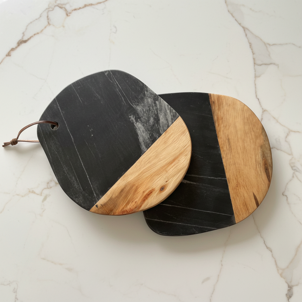 Two Black Marble & Wood Cheese Boards – with leather strap on a light surface.