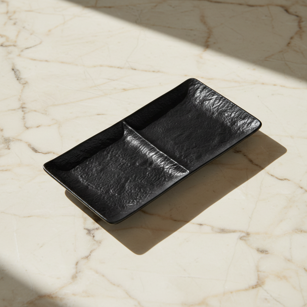 Black two-section dish on warm ivory marble