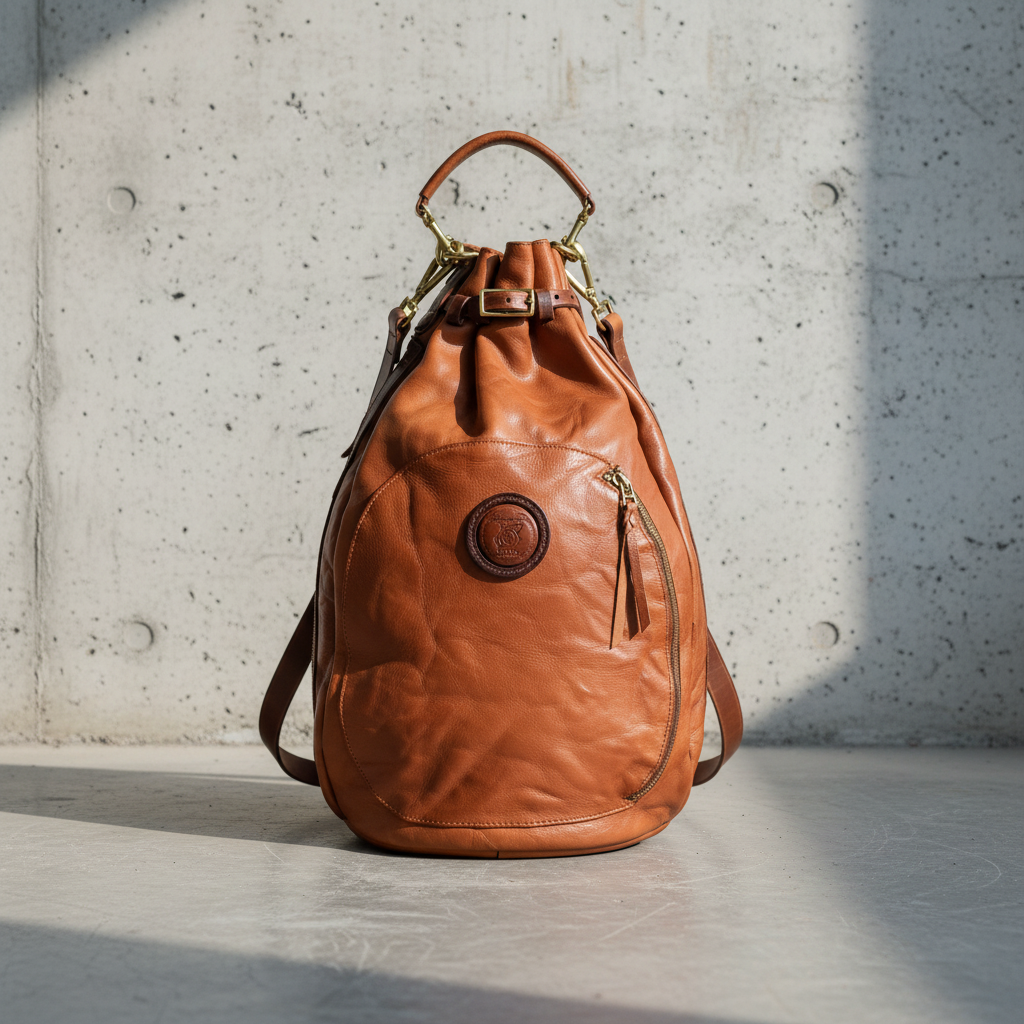 Remington Italian Leather Backpack in Caramel, front view, concrete background.